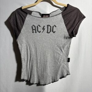 VTG ACDC Rockwear T Shirt USA Made Gray Ribbed Cap Sleeve Womens XS* Y2K
